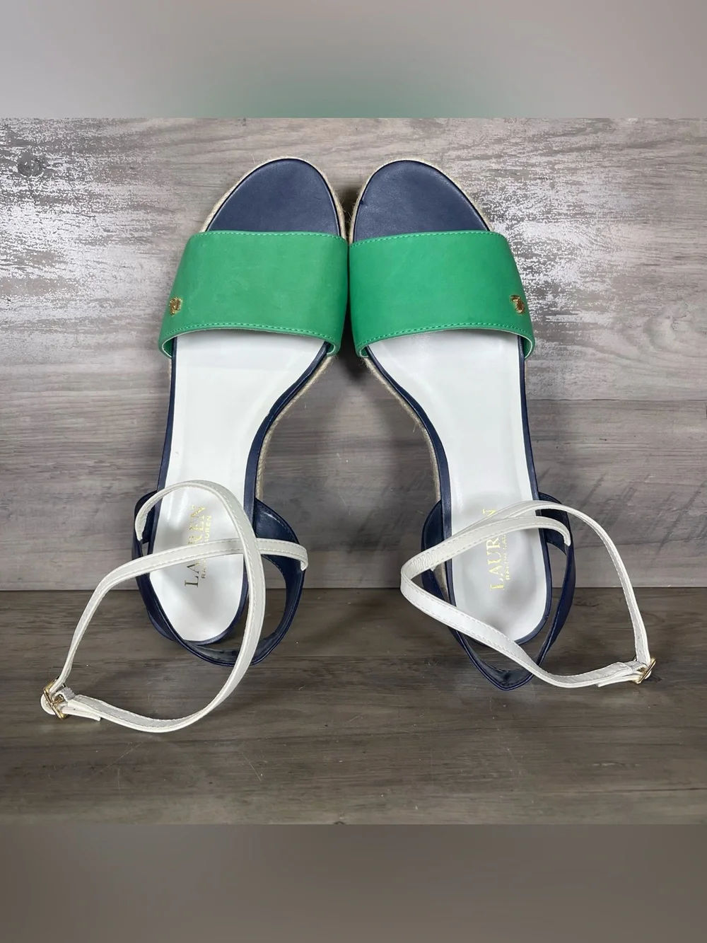 Lauren Ralph Lauren Womens 11 Kelly Green Blue Leather Strappy Espadrilles